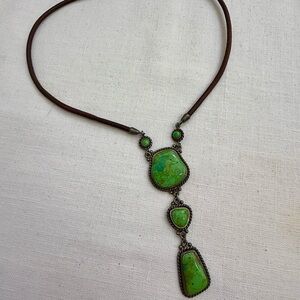 Barse Green Stone Sterling Y Drop Pendant Necklace on Leather in Gift Box or Bag